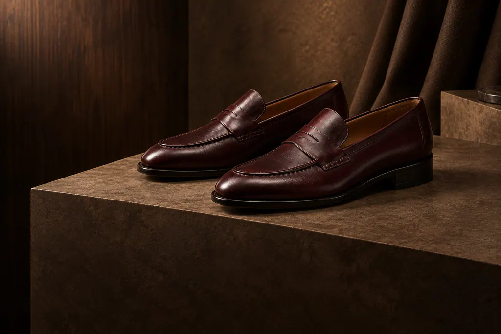 Pair of burgundy leather penny loafers on a stone plinth