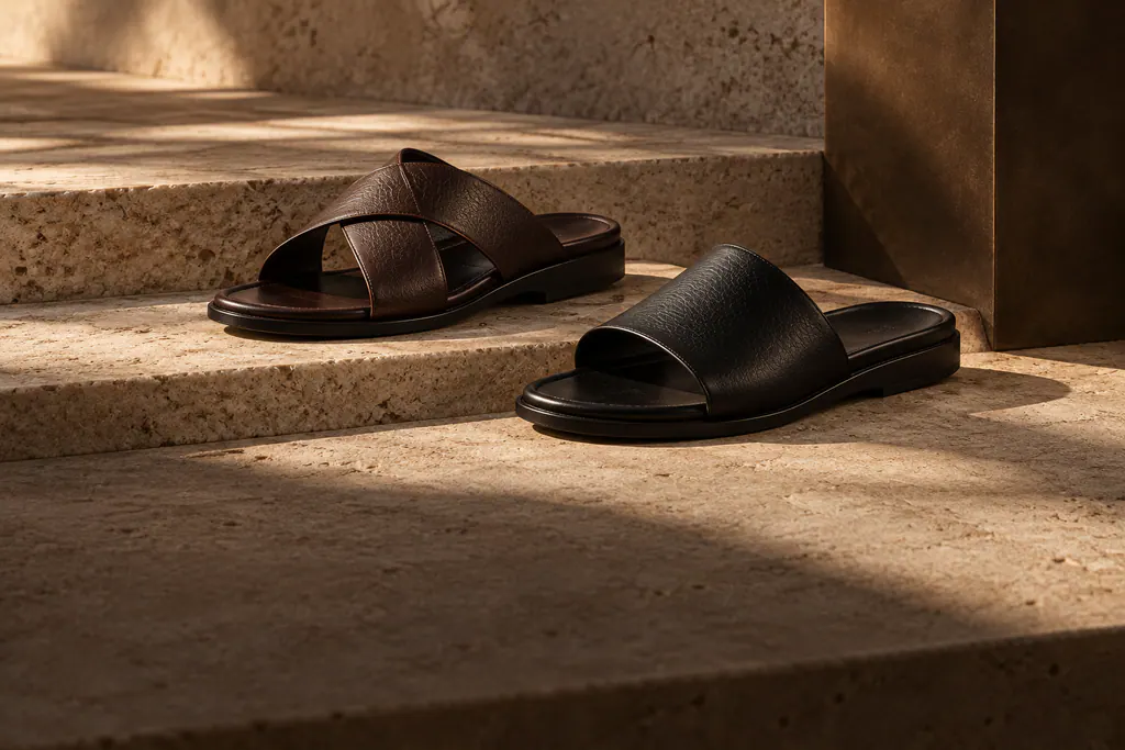 Brown and black leather slides arranged on sunlit stone steps