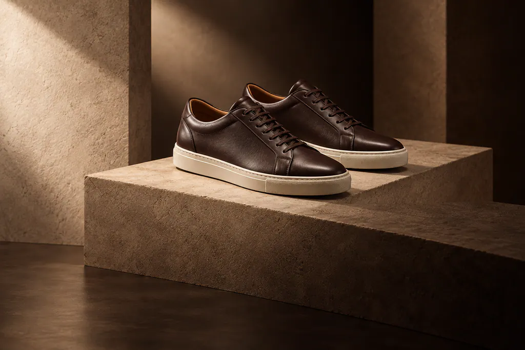 Pair of dark brown leather low-top sneakers on a stone plinth