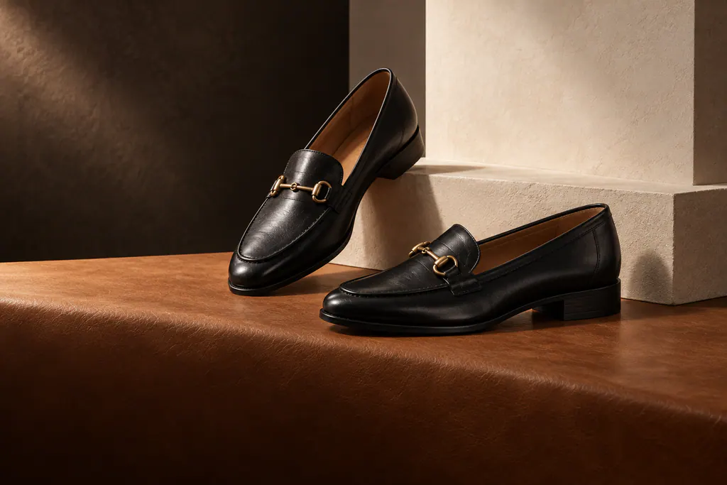 Pair of black leather horsebit loafers with gold hardware