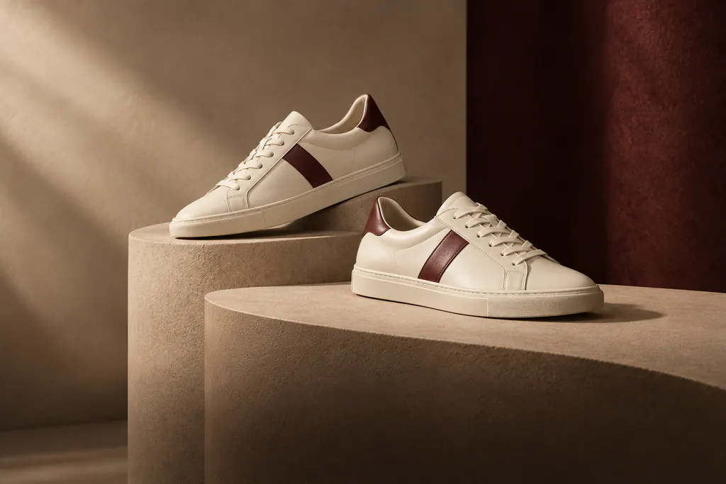 Pair of cream leather low-top sneakers with burgundy panels